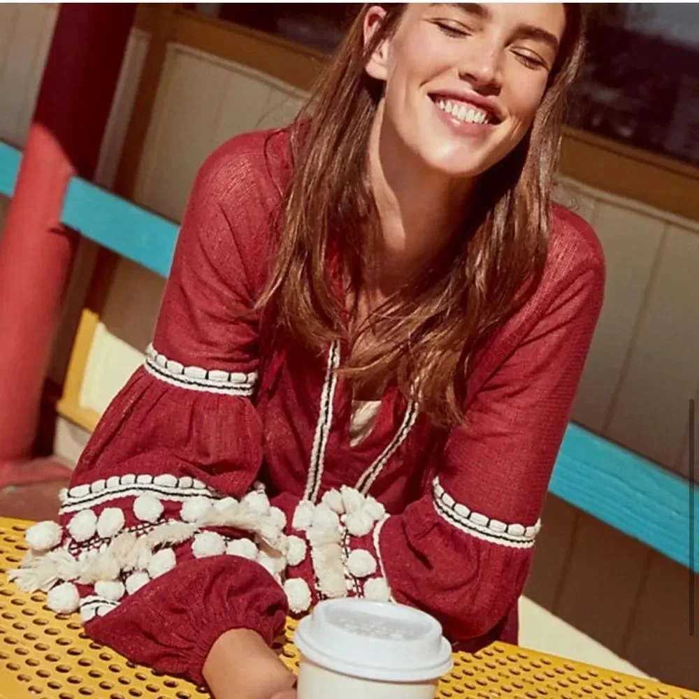 Anthropologie Burgundy Peasant Blouse with White Tassels